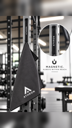 ATHRON magnetic gym towel hanging from a rack with a close-up of the magnetic strap