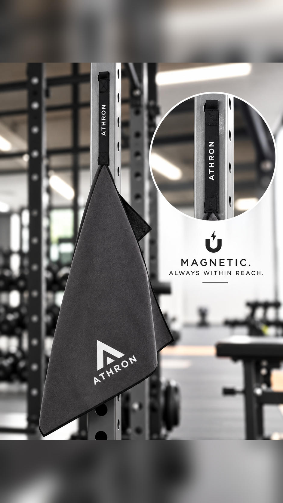 ATHRON magnetic gym towel hanging from a rack with a close-up of the magnetic strap