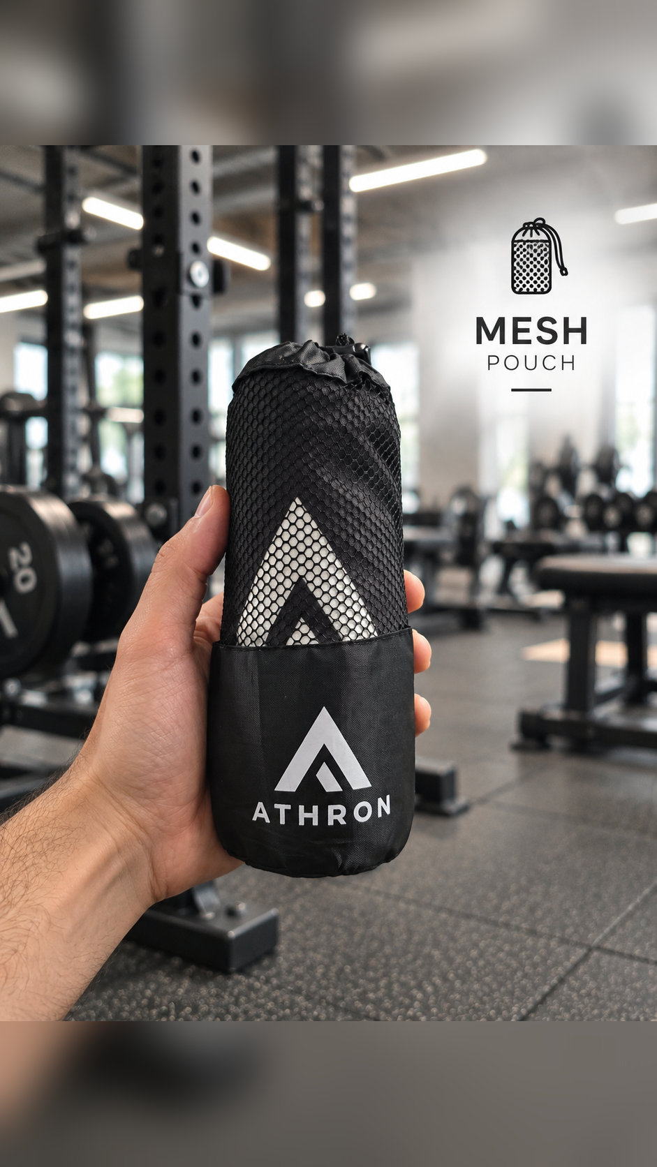 ATHRON magnetic gym towel in its mesh carrying pouch